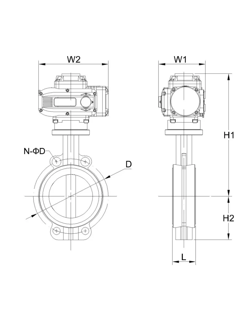 Installation dimensions diagram of explosion-proof electric butterfly valve showing DN40 to DN500 dimensional parameters including L, D, N-ΦD, H1, H2, W1, and W2 measurements